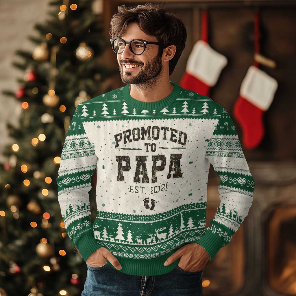 Promoted To Dad Est 2026 Camo Ugly Christmas Sweater Hunting Style New Dad Gift Graphic