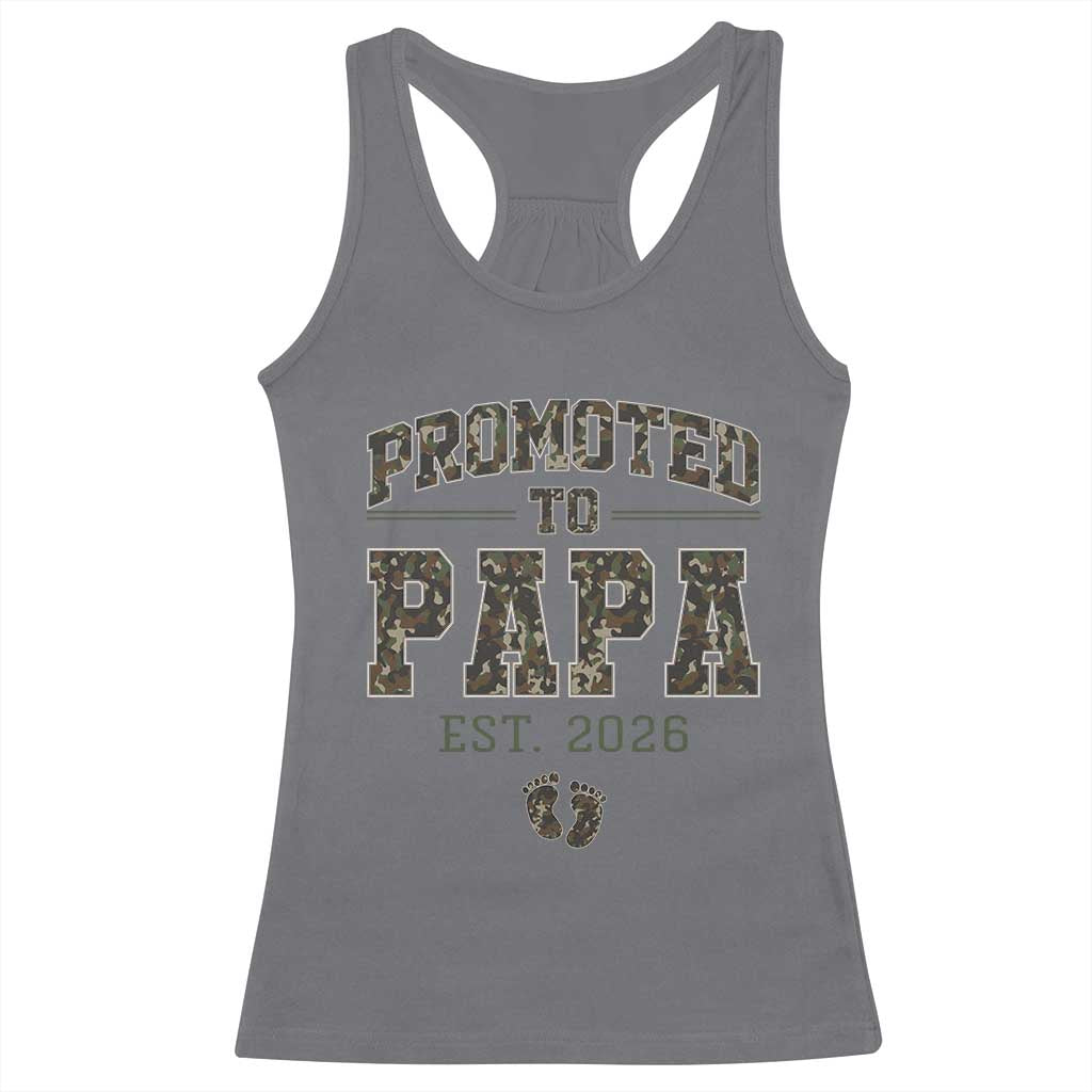 Promoted To Dad Est 2026 Camo Racerback Tank Top Hunting Style New Dad Gift Graphic TS12 Charcoal Print Your Wear
