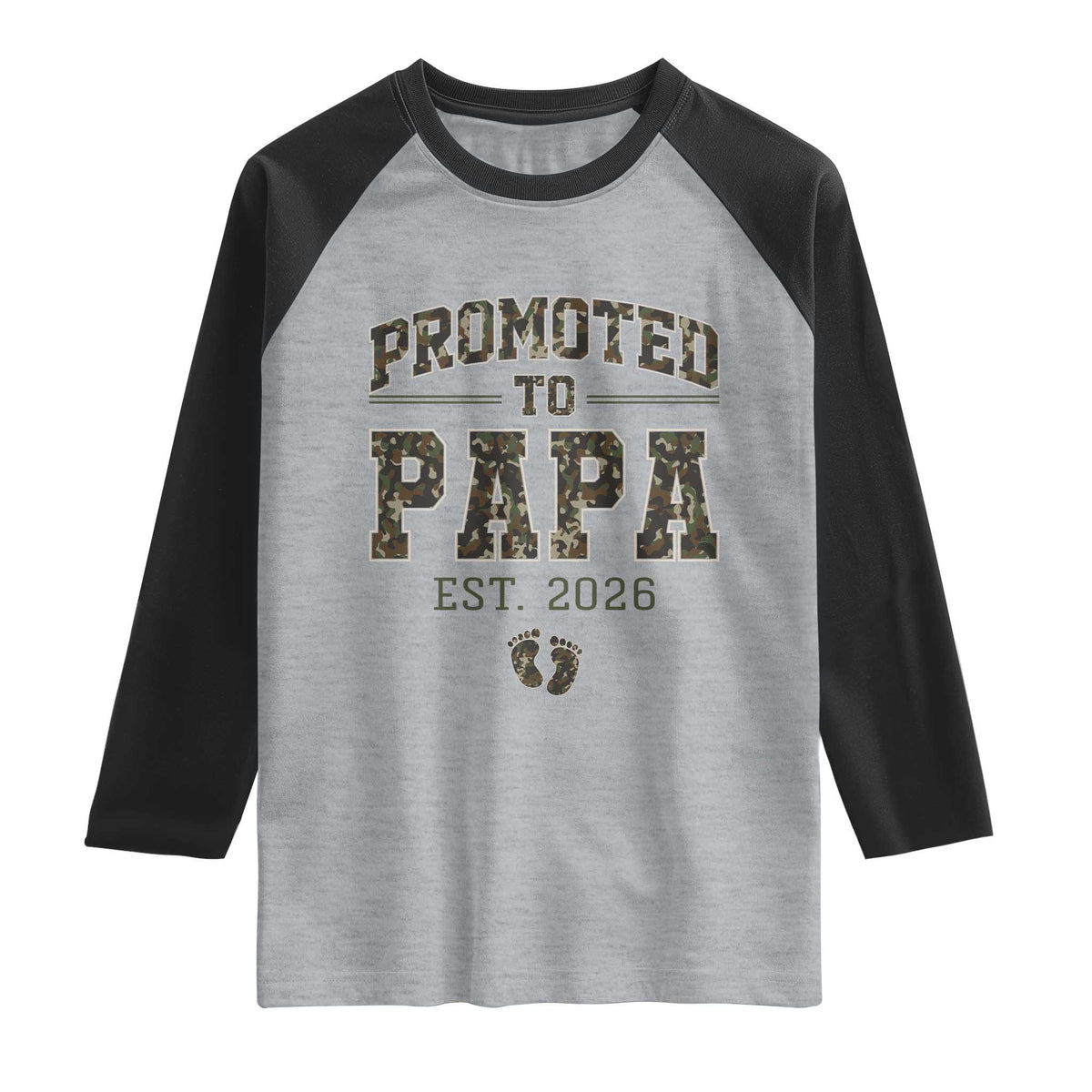 Promoted To Dad Est 2026 Camo Raglan Shirt Hunting Style New Dad Gift Graphic TS12 Heather Gray Black Print Your Wear