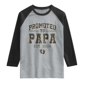 Promoted To Dad Est 2026 Camo Raglan Shirt Hunting Style New Dad Gift Graphic TS12 Heather Gray Black Print Your Wear