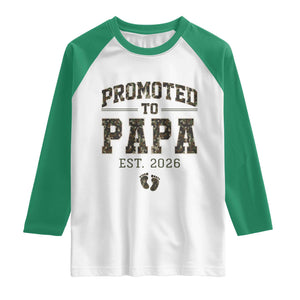 Promoted To Dad Est 2026 Camo Raglan Shirt Hunting Style New Dad Gift Graphic TS12 White Kelly Green Print Your Wear