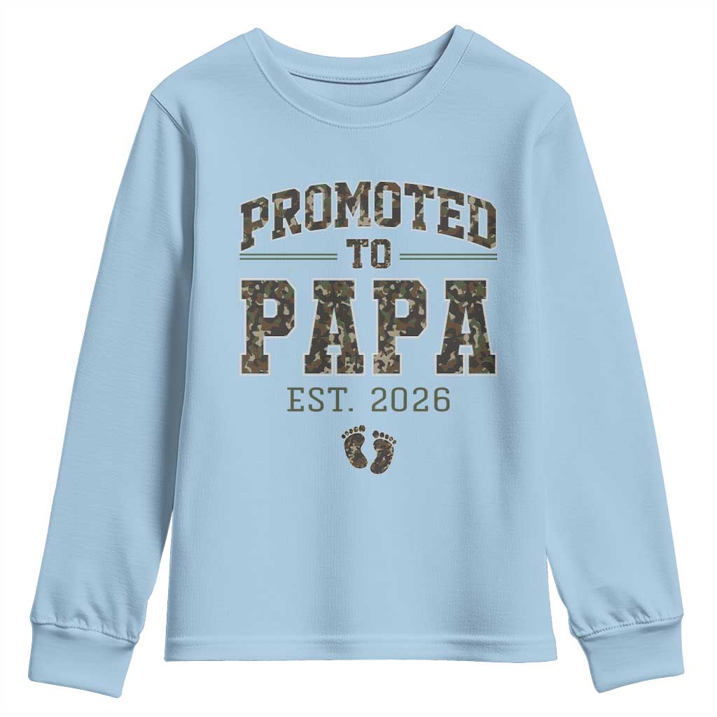 Promoted To Dad Est 2026 Camo Youth Sweatshirt Hunting Style New Dad Gift Graphic TS12 Light Blue Print Your Wear