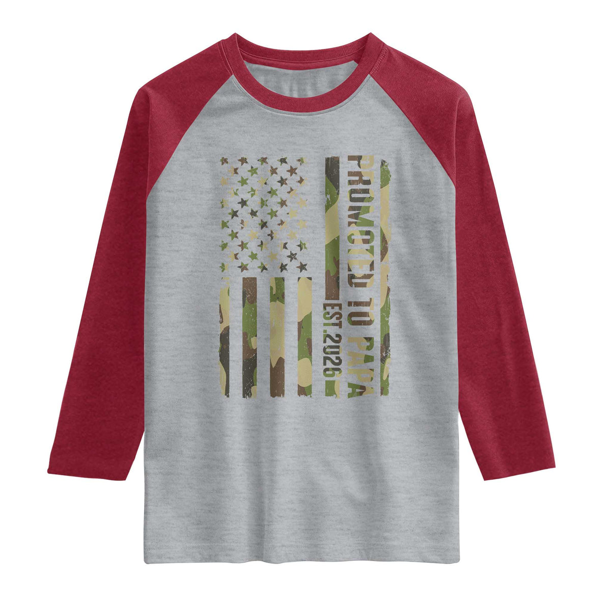 Promoted To Papa Est 2026 American Flag Camo Raglan Shirt Patriotic New Papa TS12 Heather Gray Heather Red Print Your Wear