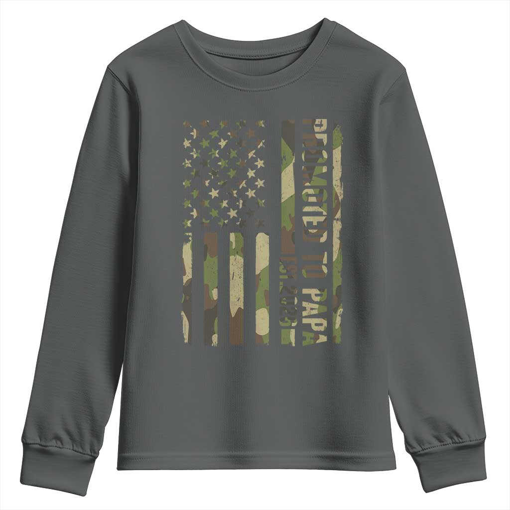 Promoted To Papa Est 2026 American Flag Camo Youth Sweatshirt Patriotic New Papa TS12 Dark Heather Print Your Wear