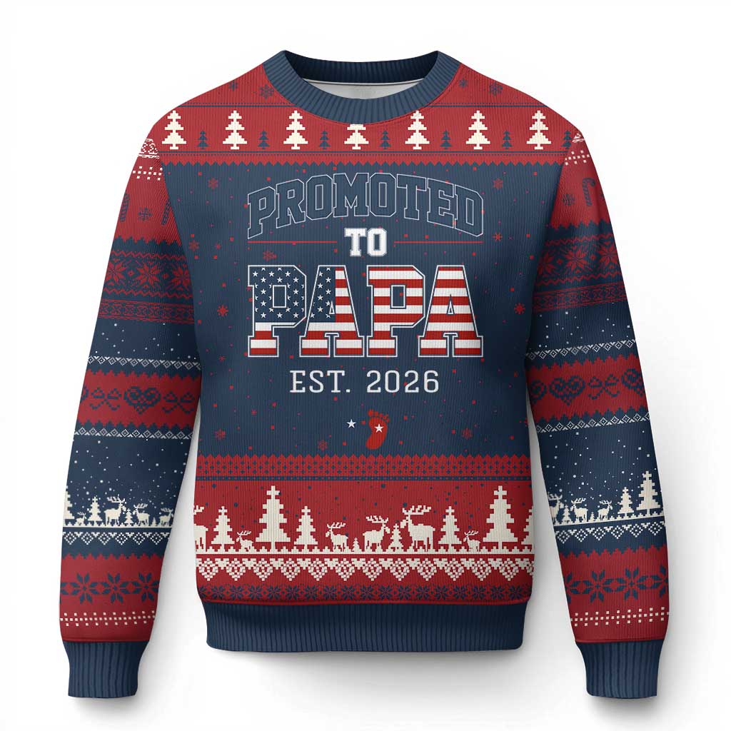 Patriotic Promoted To Dad Est 2026 Ugly Christmas Sweater US Flag New Father Gift