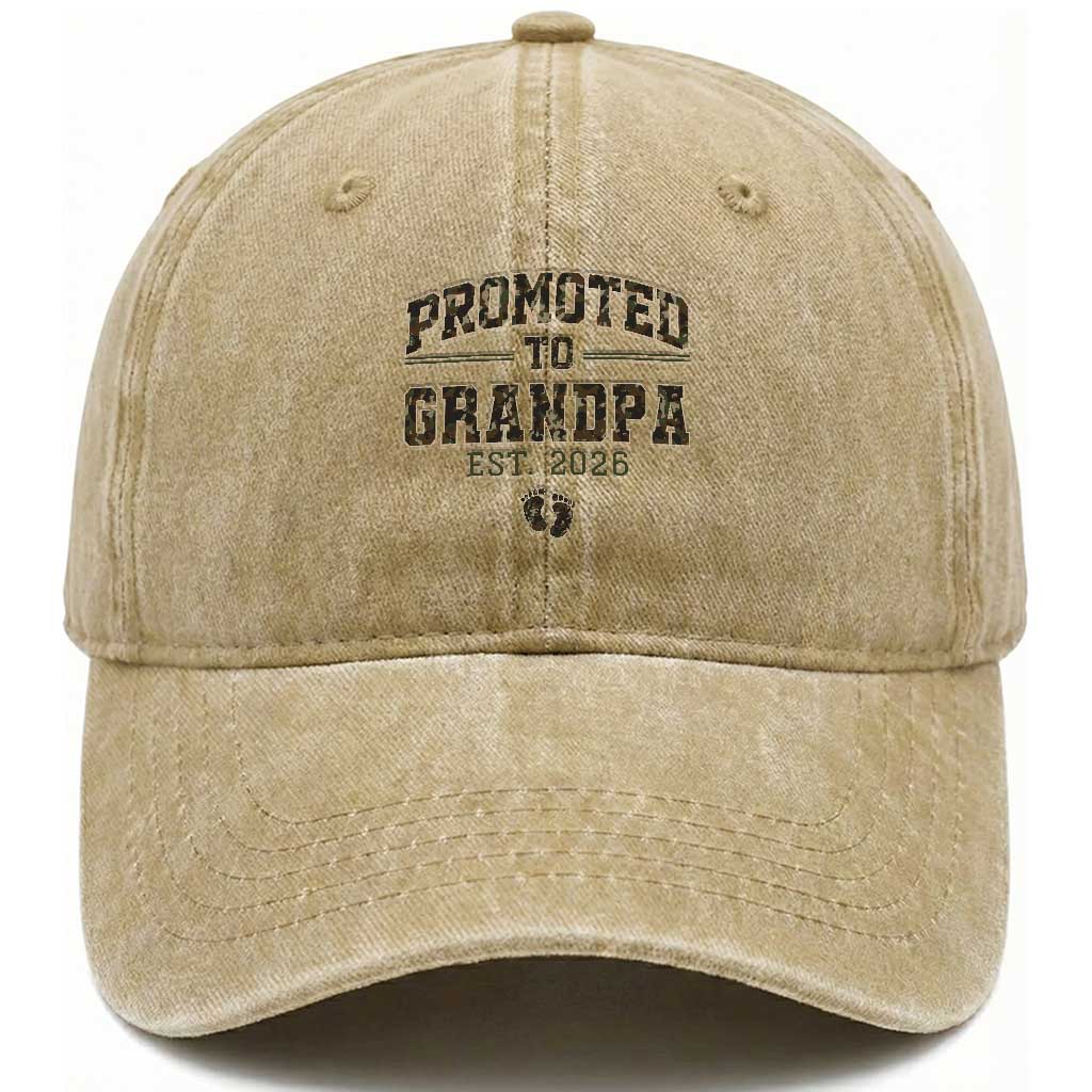 Promoted To Grandpa Est 2026 Washed Cotton Baseball Cap Vintage Camo Grandpa Graphic TS12 Print Your Wear