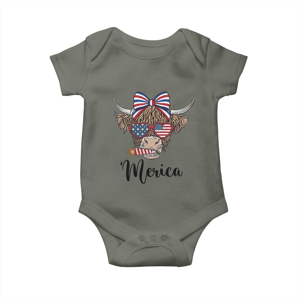 Patriotic Highland Cow Baby Onesie Merica USA Flag Farmer Gift