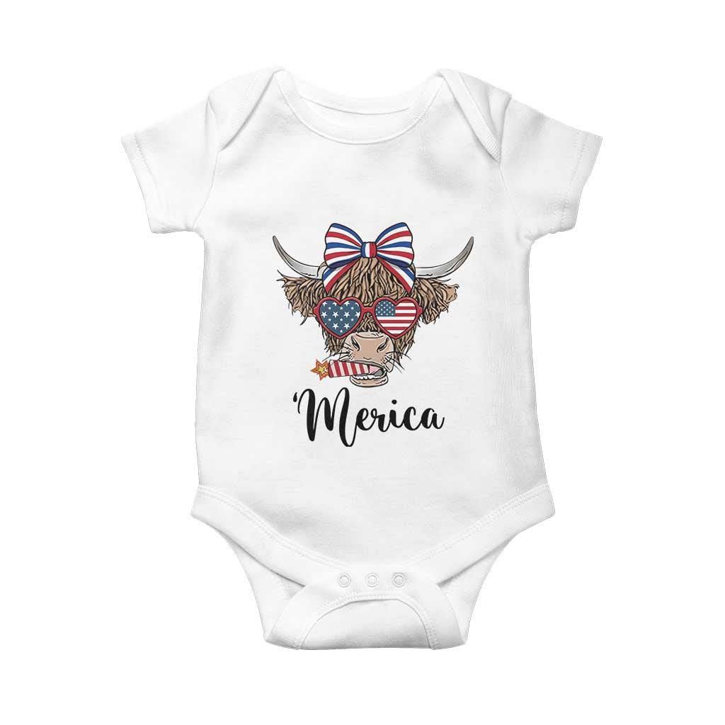 Patriotic Highland Cow Baby Onesie Merica USA Flag Farmer Gift TS12 White Print Your Wear