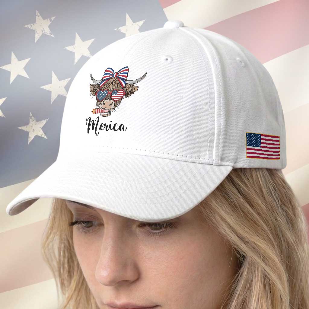Patriotic Highland Cow Baseball Cap Merica USA Flag Farmer Gift