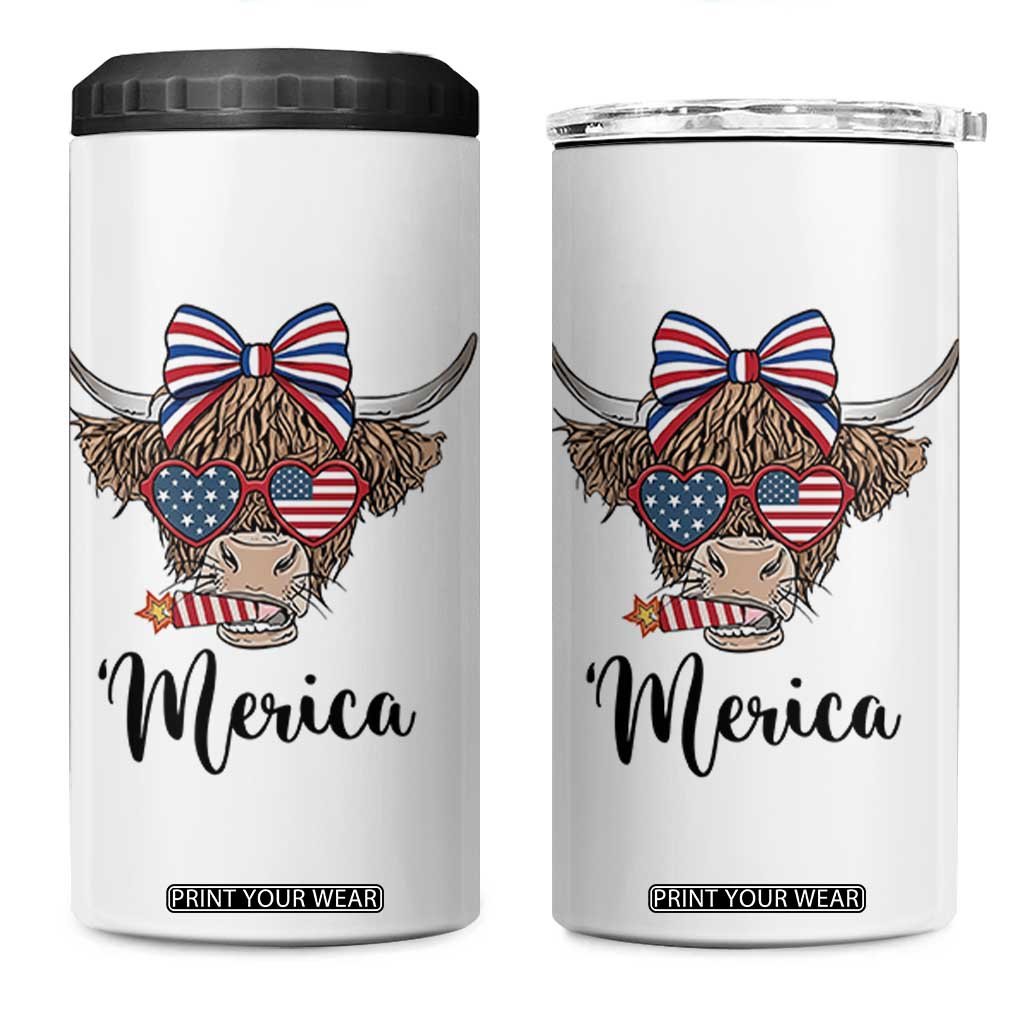 Patriotic Highland Cow 4 in 1 Can Cooler Tumbler Merica USA Flag Farmer Gift