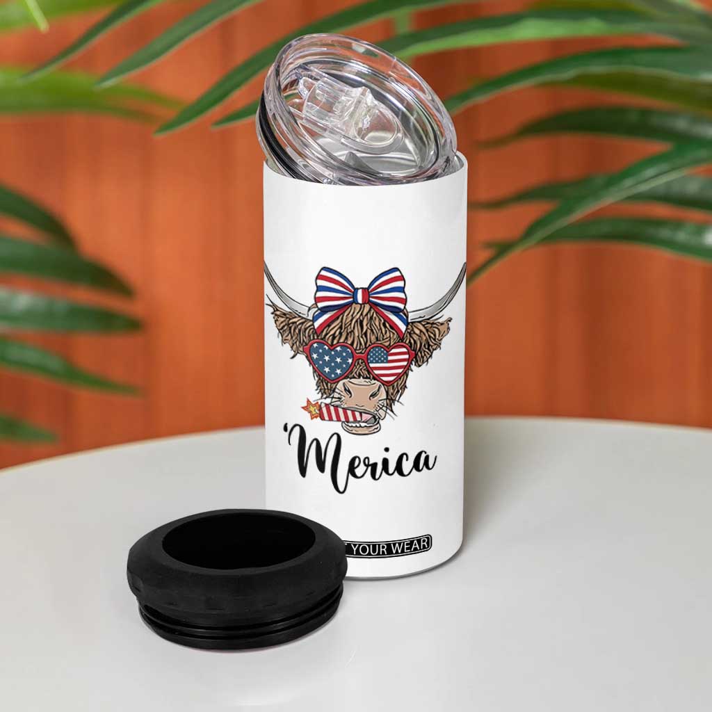 Patriotic Highland Cow 4 in 1 Can Cooler Tumbler Merica USA Flag Farmer Gift