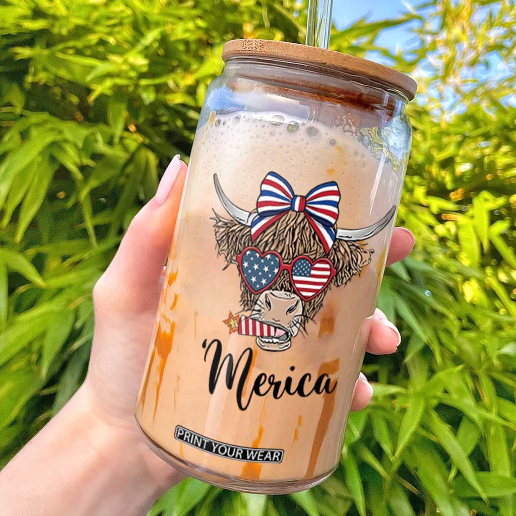 Patriotic Highland Cow Glass Can Merica USA Flag Farmer Gift TS12 White Print Your Wear