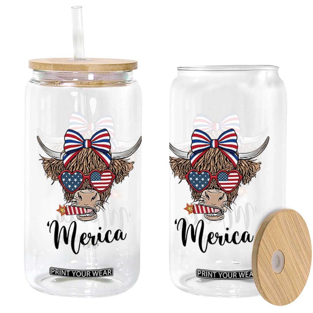 Patriotic Highland Cow Glass Can Merica USA Flag Farmer Gift TS12 Print Your Wear