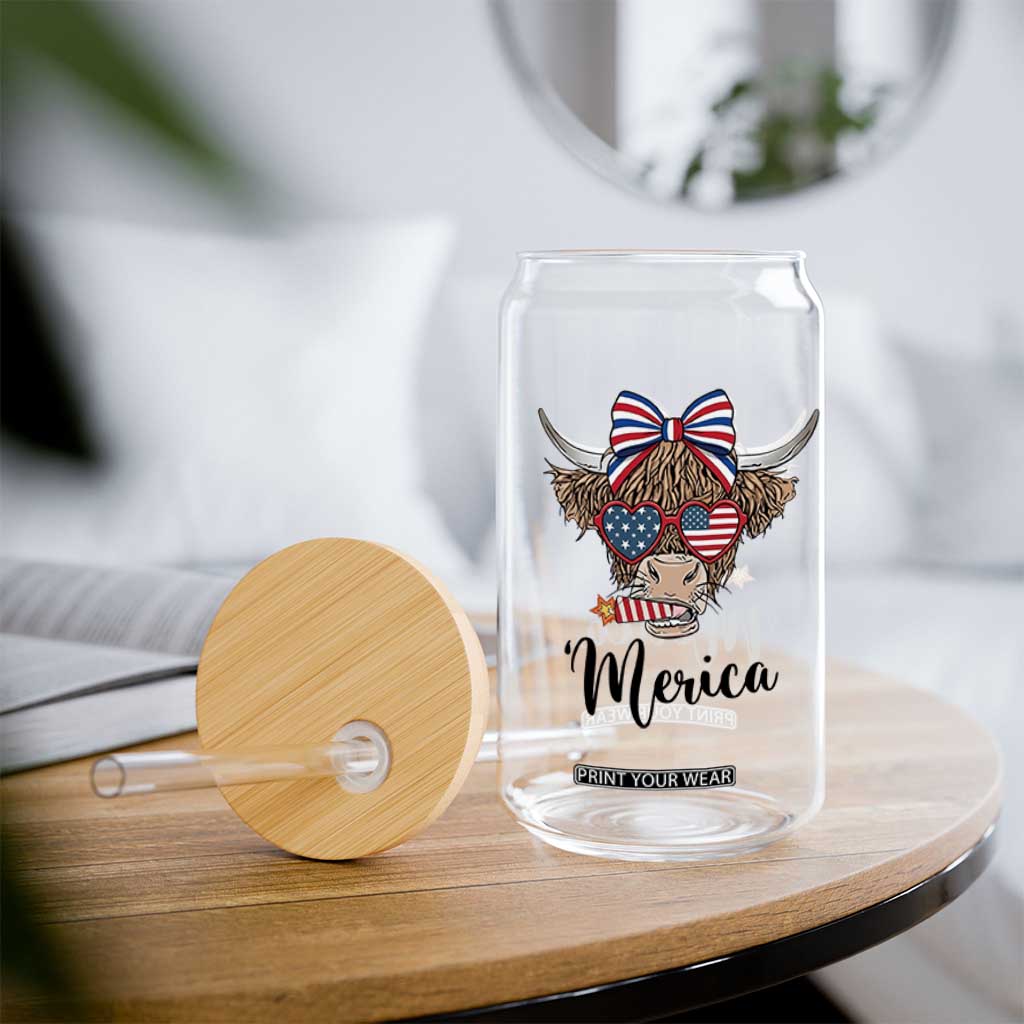 Patriotic Highland Cow Glass Can Merica USA Flag Farmer Gift TS12 Print Your Wear
