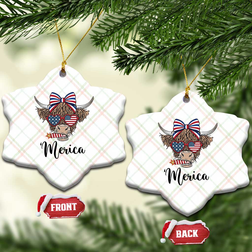 Patriotic Highland Cow Ceramic Ornament Merica USA Flag Farmer Gift TS12 Print Your Wear