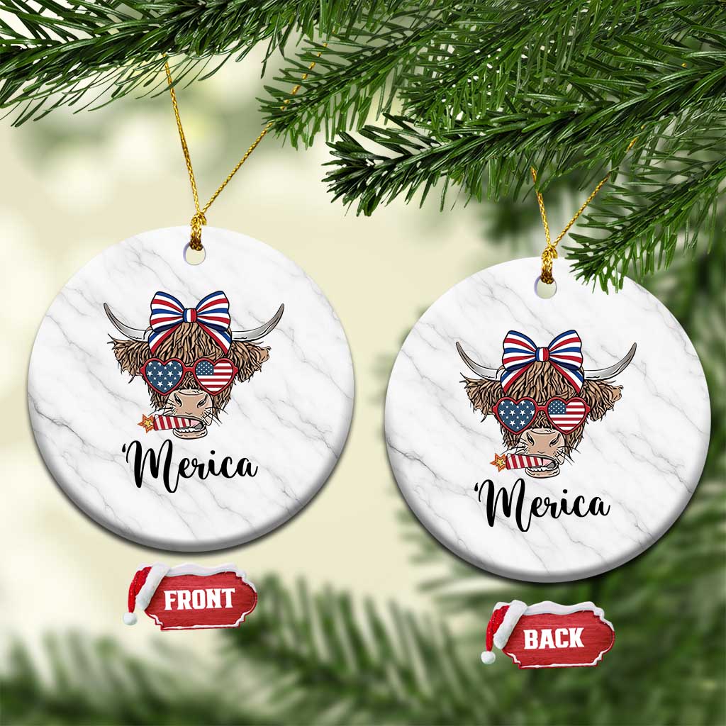 Patriotic Highland Cow Ceramic Ornament Merica USA Flag Farmer Gift TS12 1pc White Marble Print Your Wear