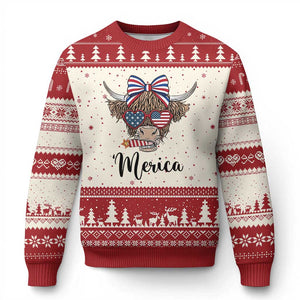 Patriotic Highland Cow Ugly Christmas Sweater Merica USA Flag Farmer Gift