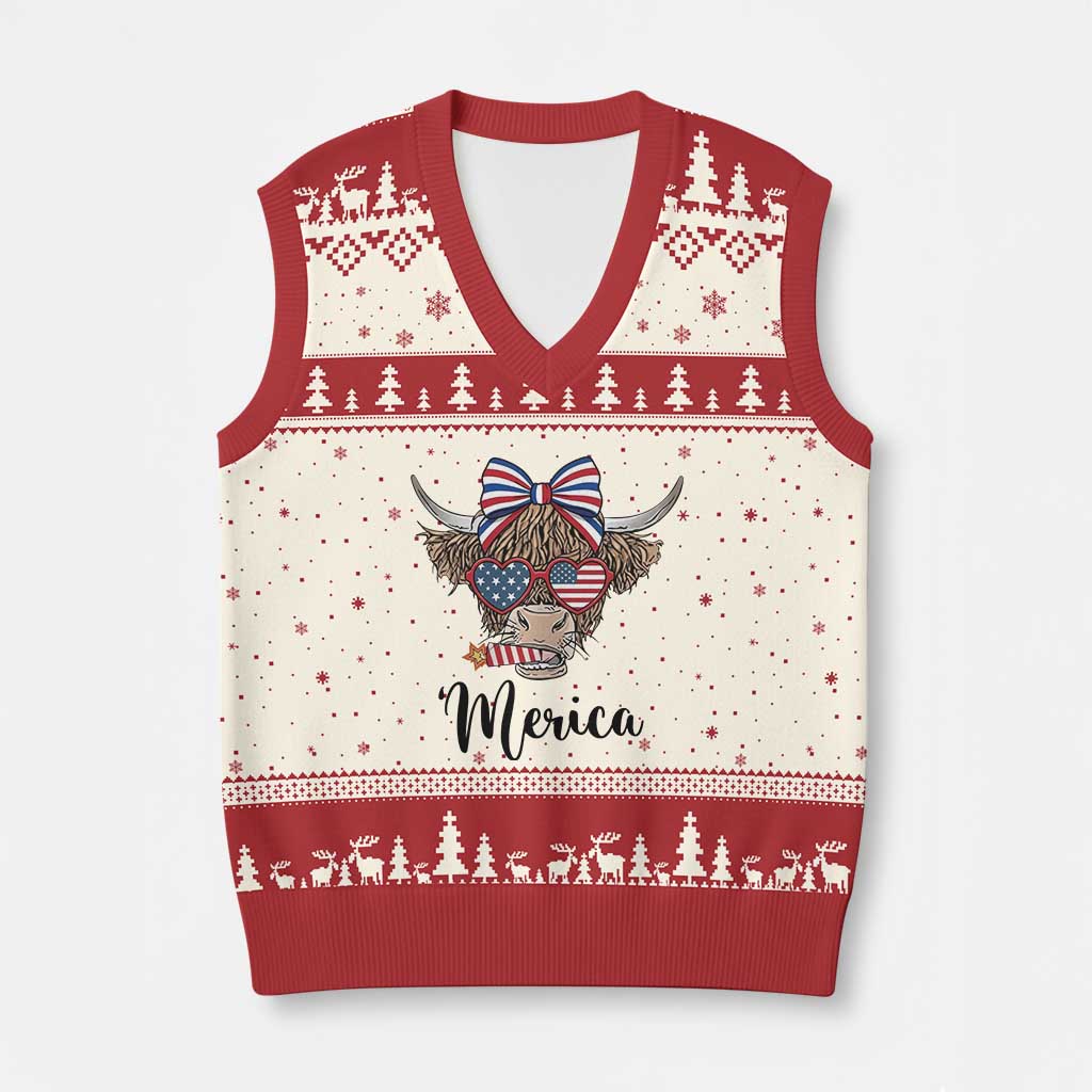 Patriotic Highland Cow V-Neck Knit Sweater Vest Merica USA Flag Farmer Gift TS12 Beige Red Print Your Wear