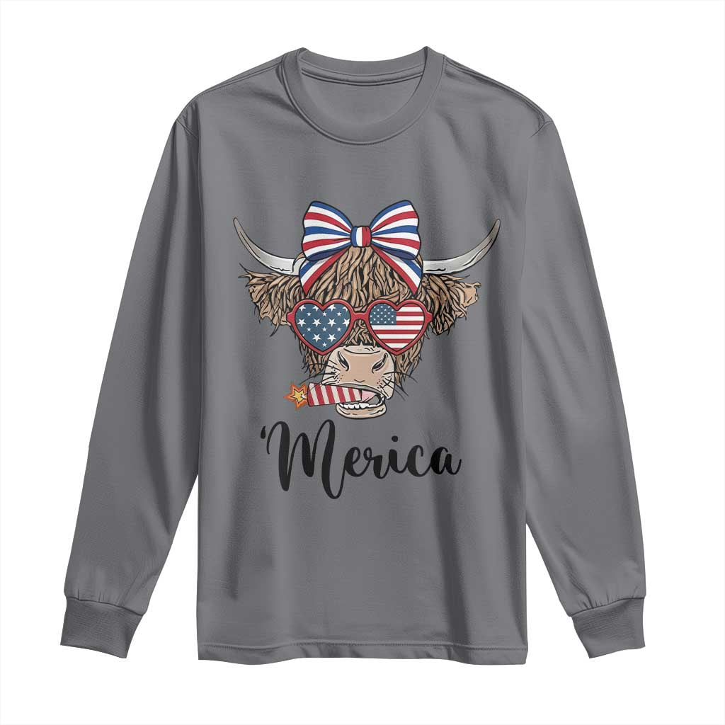 Patriotic Highland Cow Long Sleeve Shirt Merica USA Flag Farmer Gift