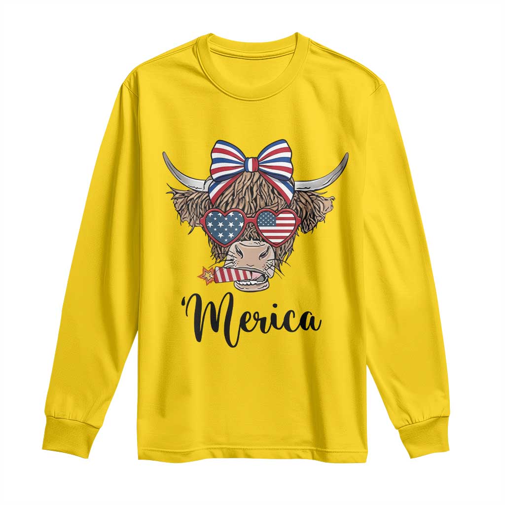 Patriotic Highland Cow Long Sleeve Shirt Merica USA Flag Farmer Gift