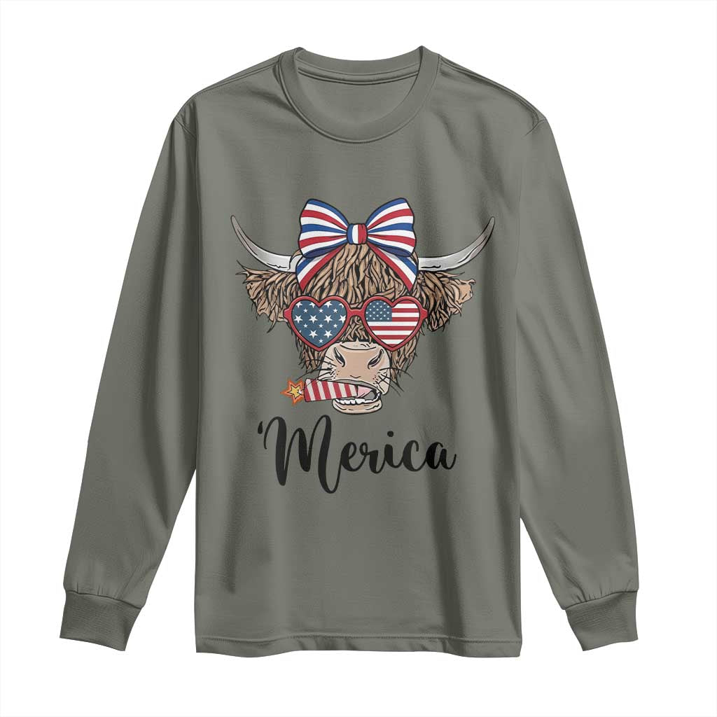 Patriotic Highland Cow Long Sleeve Shirt Merica USA Flag Farmer Gift