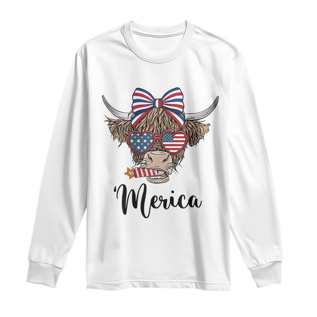 Patriotic Highland Cow Long Sleeve Shirt Merica USA Flag Farmer Gift