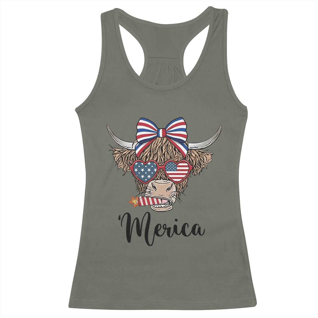 Patriotic Highland Cow Racerback Tank Top Merica USA Flag Farmer Gift TS12 Military Green Print Your Wear