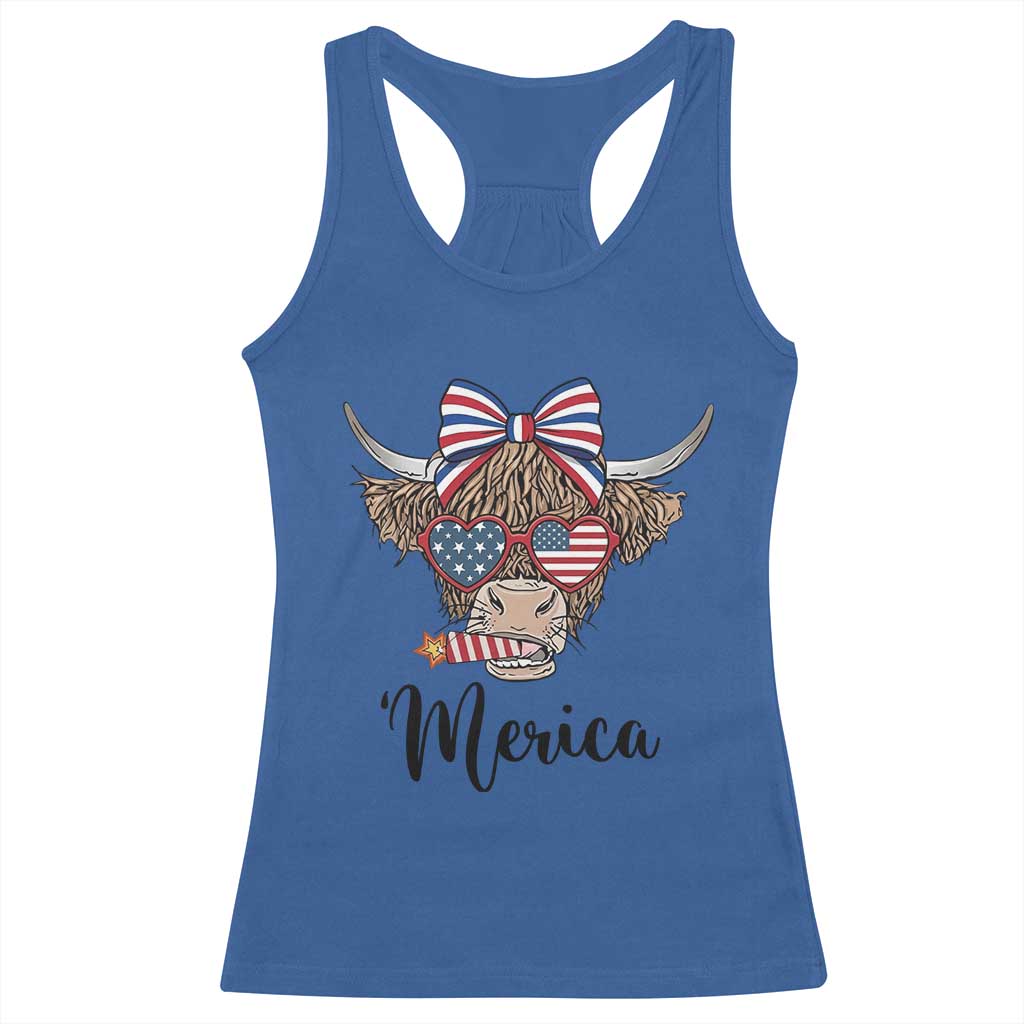 Patriotic Highland Cow Racerback Tank Top Merica USA Flag Farmer Gift TS12 Royal Blue Print Your Wear