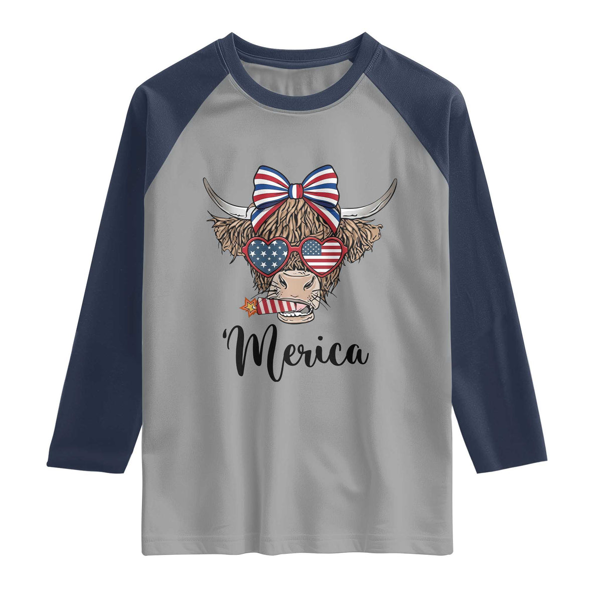 Patriotic Highland Cow Raglan Shirt Merica USA Flag Farmer Gift