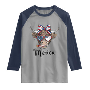 Patriotic Highland Cow Raglan Shirt Merica USA Flag Farmer Gift