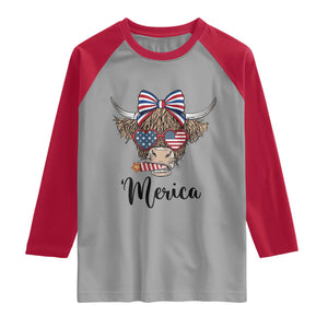 Patriotic Highland Cow Raglan Shirt Merica USA Flag Farmer Gift