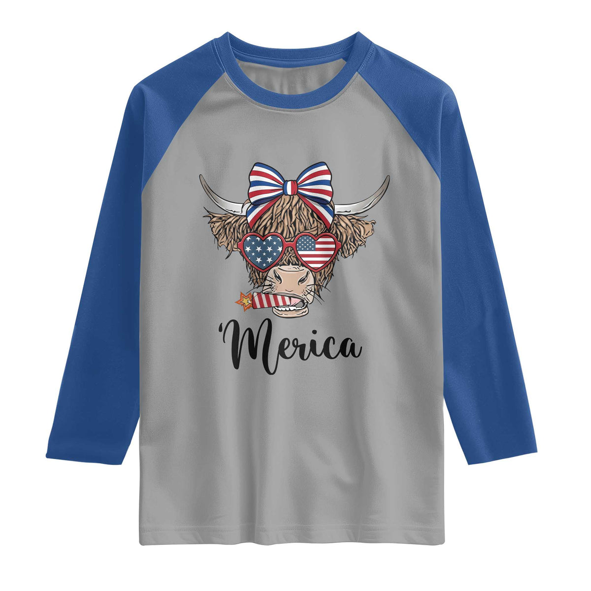 Patriotic Highland Cow Raglan Shirt Merica USA Flag Farmer Gift