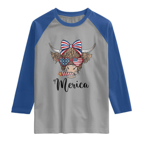 Patriotic Highland Cow Raglan Shirt Merica USA Flag Farmer Gift