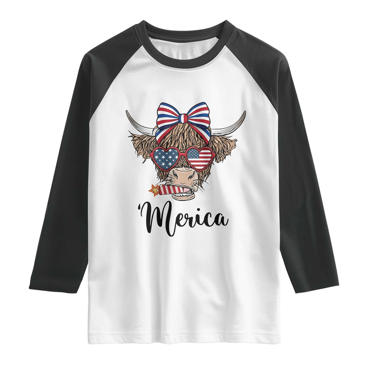 Patriotic Highland Cow Raglan Shirt Merica USA Flag Farmer Gift