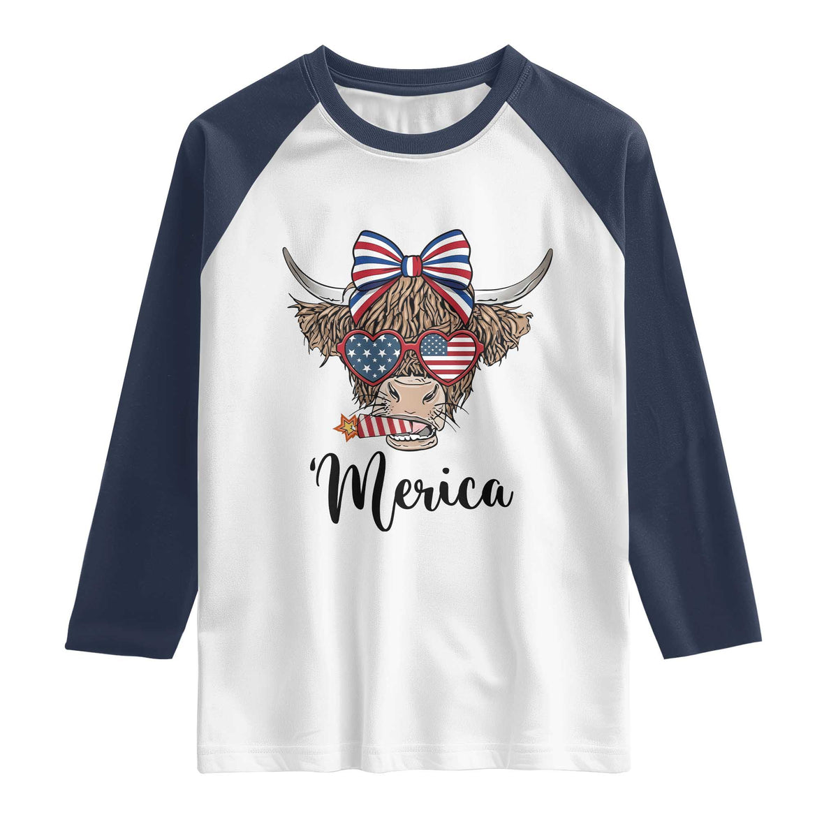 Patriotic Highland Cow Raglan Shirt Merica USA Flag Farmer Gift