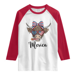 Patriotic Highland Cow Raglan Shirt Merica USA Flag Farmer Gift