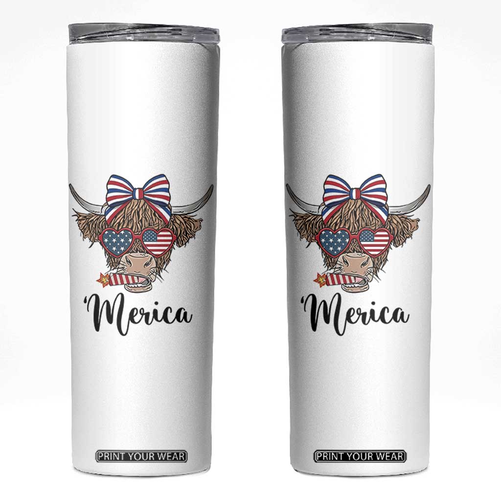 Patriotic Highland Cow Skinny Tumbler Merica USA Flag Farmer Gift