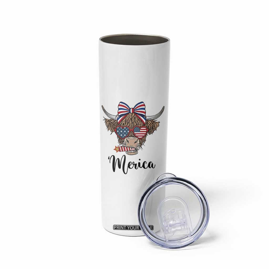 Patriotic Highland Cow Skinny Tumbler Merica USA Flag Farmer Gift