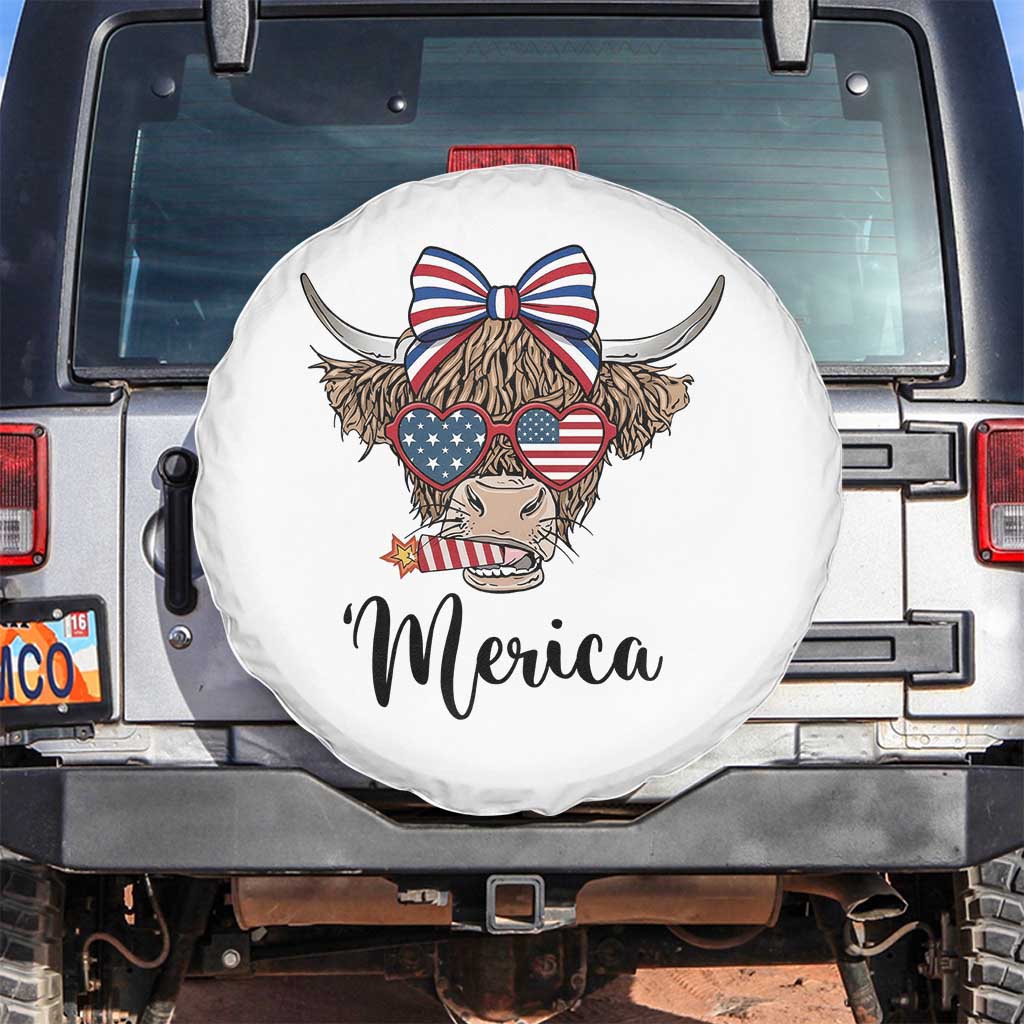 Patriotic Highland Cow Spare Tire Cover Merica USA Flag Farmer Gift TS12 No hole White Print Your Wear