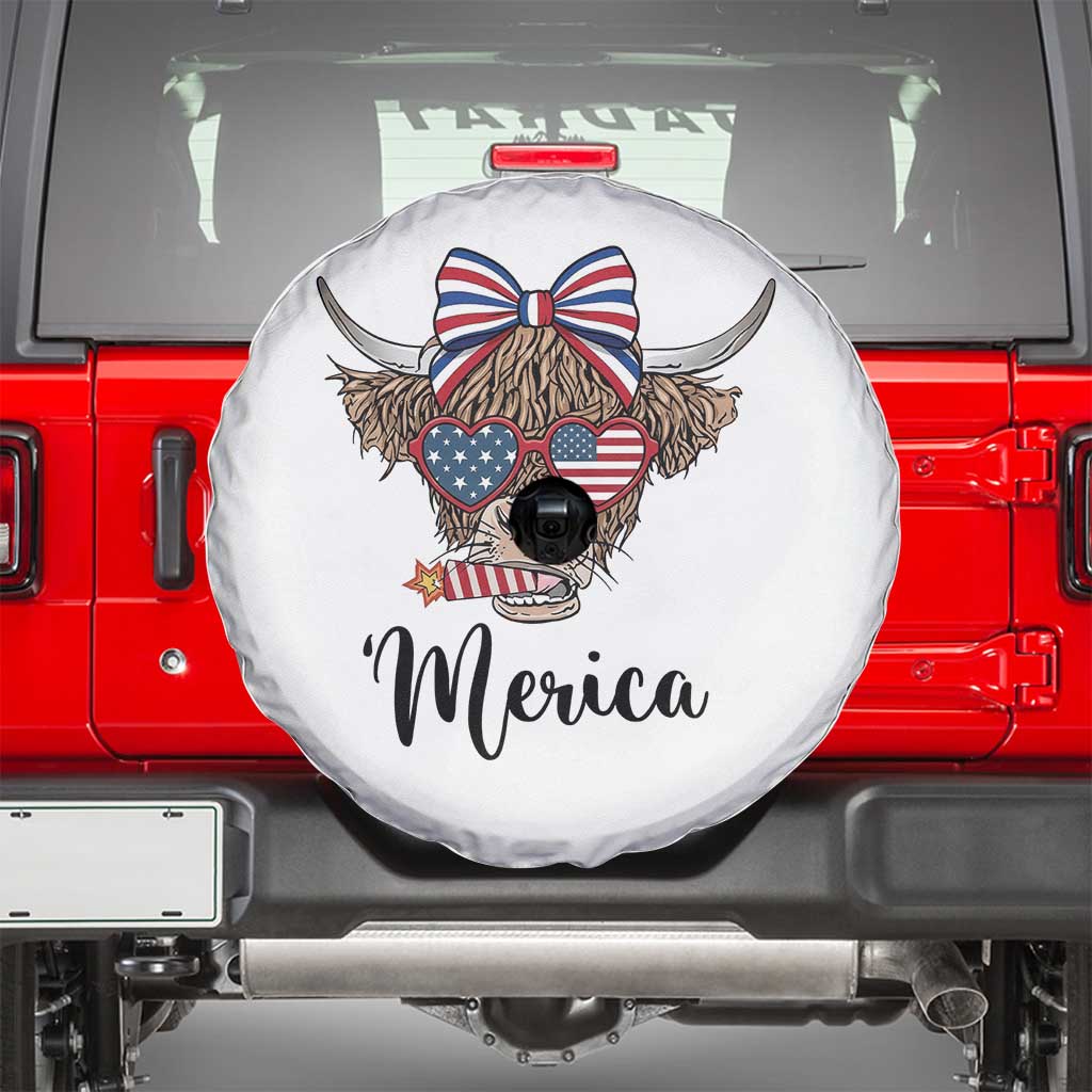 Patriotic Highland Cow Spare Tire Cover Merica USA Flag Farmer Gift