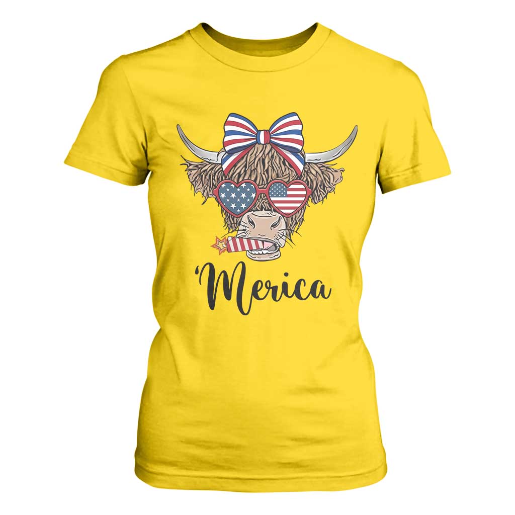 Patriotic Highland Cow T Shirt For Women Merica USA Flag Farmer Gift