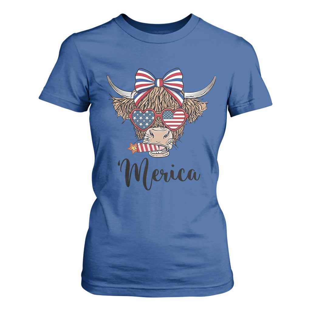 Patriotic Highland Cow T Shirt For Women Merica USA Flag Farmer Gift
