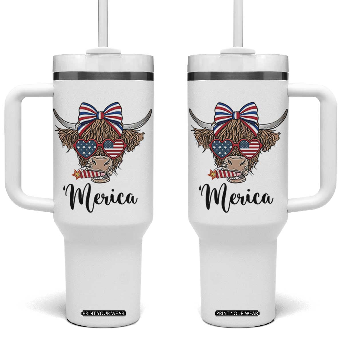 Patriotic Highland Cow Tumbler With Handle Merica USA Flag Farmer Gift TS12 One Size: 40 oz White Print Your Wear