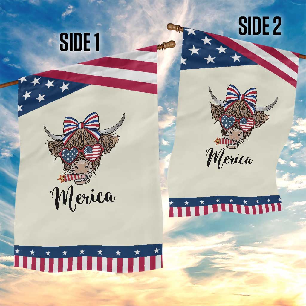 Funny Highland Cow Lover Patriotic Garden Flag Merica USA Flag Farmer Gift