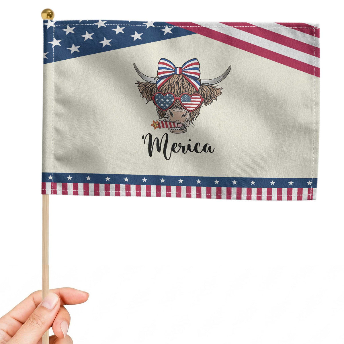 Funny Highland Cow Lover Patriotic Handheld Flag Merica USA Flag Farmer Gift
