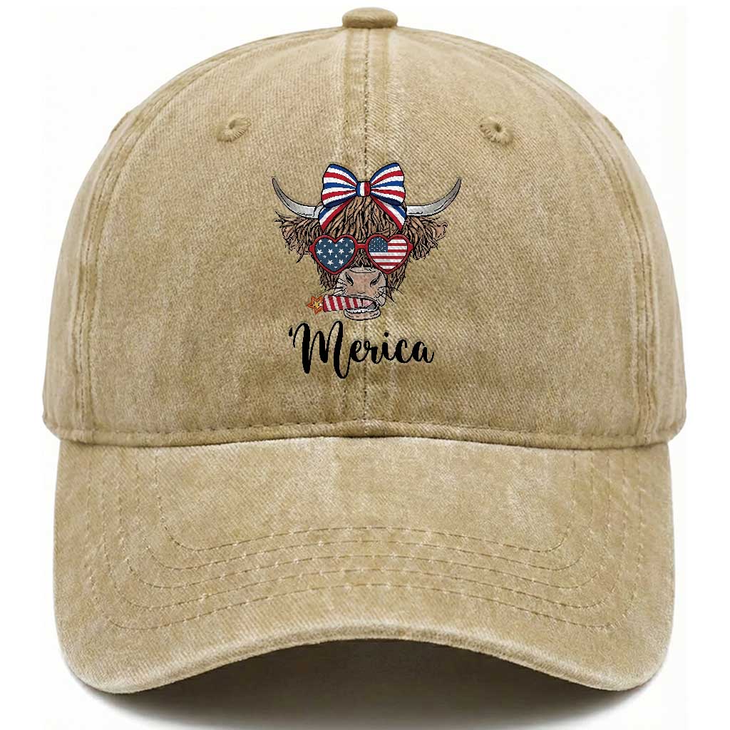 Patriotic Highland Cow Washed Cotton Baseball Cap Merica USA Flag Farmer Gift