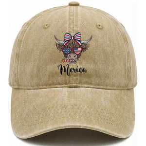 Patriotic Highland Cow Washed Cotton Baseball Cap Merica USA Flag Farmer Gift