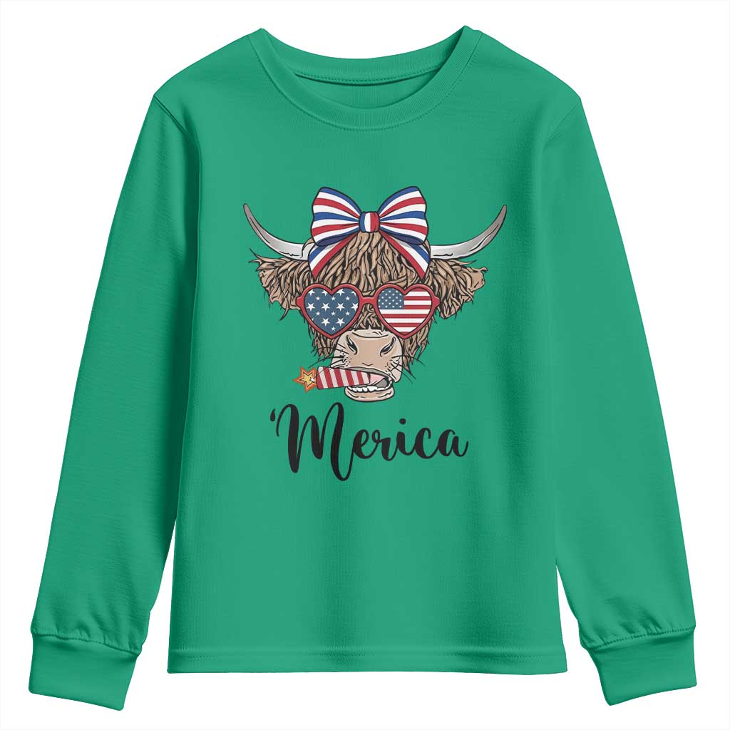 Patriotic Highland Cow Youth Sweatshirt Merica USA Flag Farmer Gift TS12 Irish Green Print Your Wear
