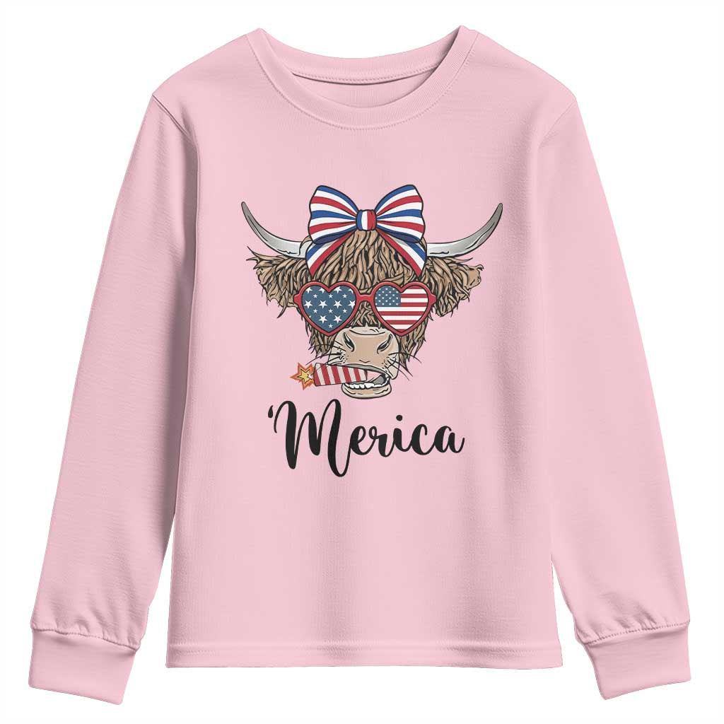 Patriotic Highland Cow Youth Sweatshirt Merica USA Flag Farmer Gift TS12 Light Pink Print Your Wear
