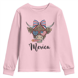 Patriotic Highland Cow Youth Sweatshirt Merica USA Flag Farmer Gift TS12 Light Pink Print Your Wear